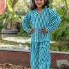 Turquoise Stripes Block Printed Cotton Top & Pyjama Set