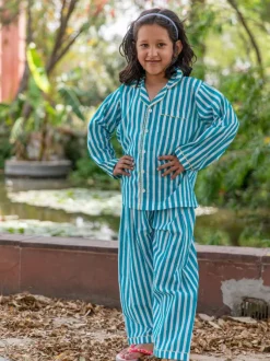 Turquoise Stripes Block Printed Cotton Top & Pyjama Set