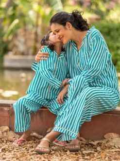 Turquoise Stripes Block Printed Cotton Top & Pyjama Set