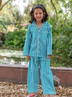 Turquoise Stripes Block Printed Cotton Top & Pyjama Set