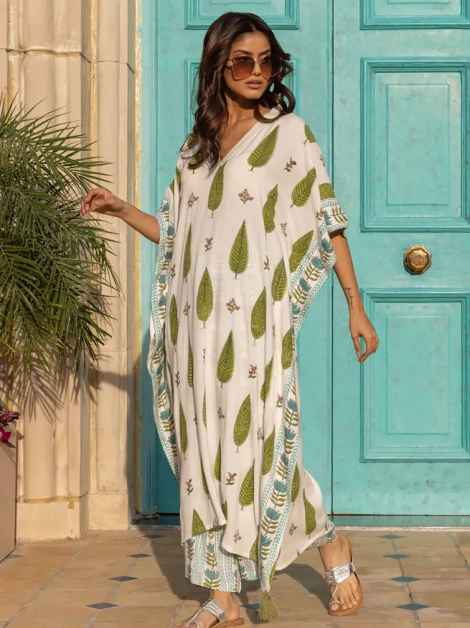 Tuscan Cypress Slub Hand Block Printed Kaftan Kurta