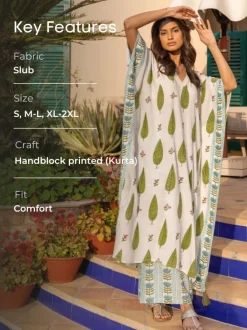 Tuscan Cypress Slub Hand Block Printed Kaftan Kurta