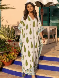 Tuscan Cypress Slub Hand Block Printed Kaftan Kurta