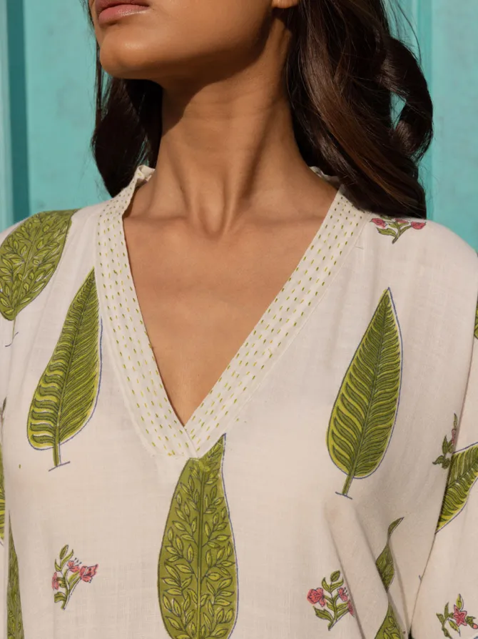 Tuscan Cypress Slub Hand Block Printed Kaftan Kurta
