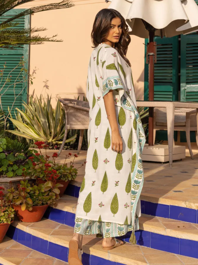 Tuscan Cypress Slub Hand Block Printed Kaftan Kurta