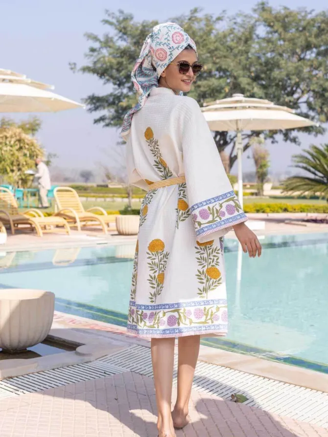 Utsa Waffle Block Printed Cotton Bath Robe