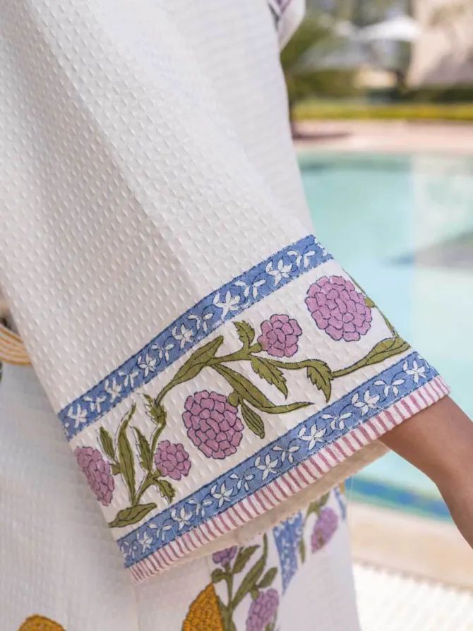 Utsa Waffle Block Printed Cotton Bath Robe