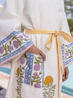 Utsa Waffle Block Printed Cotton Bath Robe