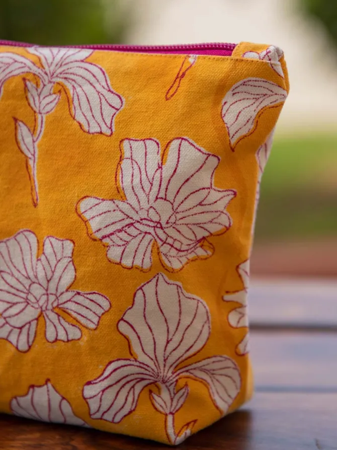 Yellow Peony Block Printed Cotton Travel Case