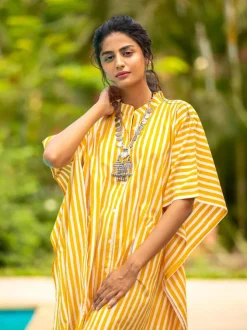 Yellow Stripes Kaftan Cotton Shirt Dress