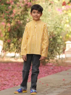 Yellow Stripes Organic Cotton Block Printed Kurta