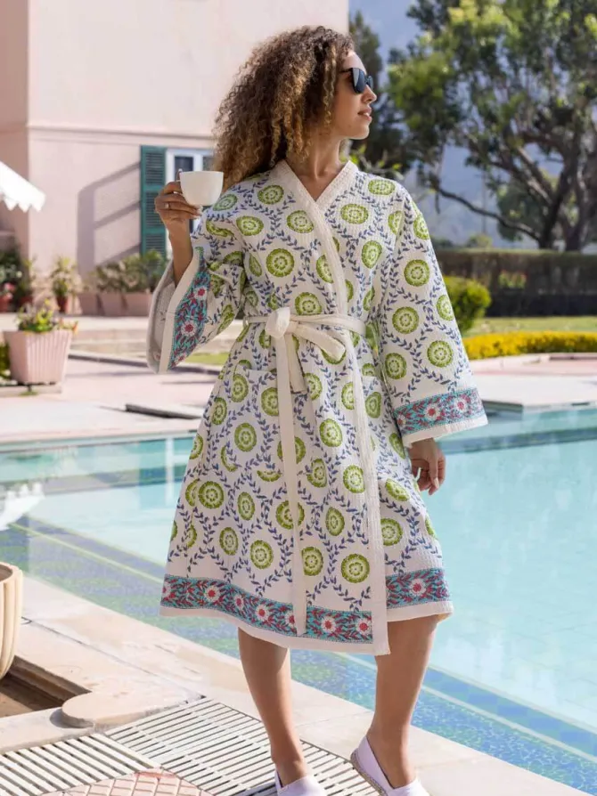 Zeniya Waffle Block Printed Cotton Bath Robe